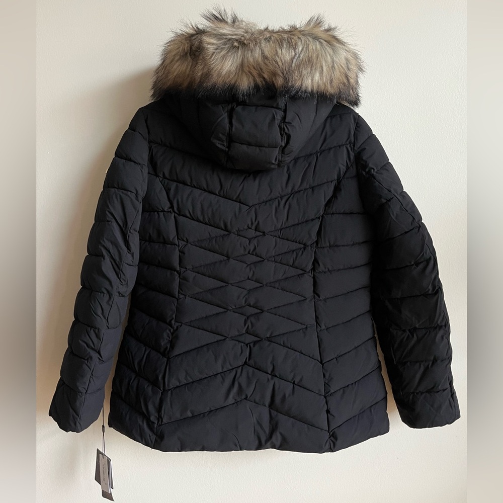 NWT Laundry By Shelli Segal Womens L Black Quilted Puffer Jacket & Faux Fur Hood - Picture 2 of 16